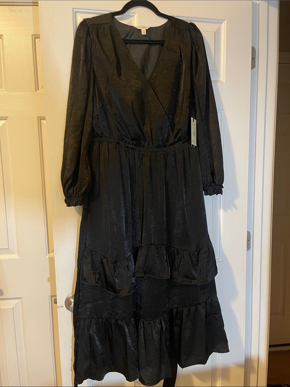 Black Wrap Plus Size V-Neck Satin Dress